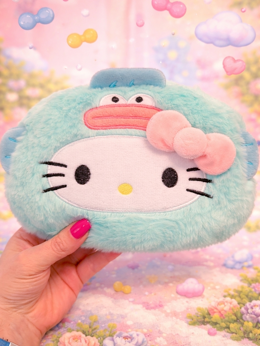 Sanrio Hello Kitty Plush Coin Purse in Aqua with Pink Bow